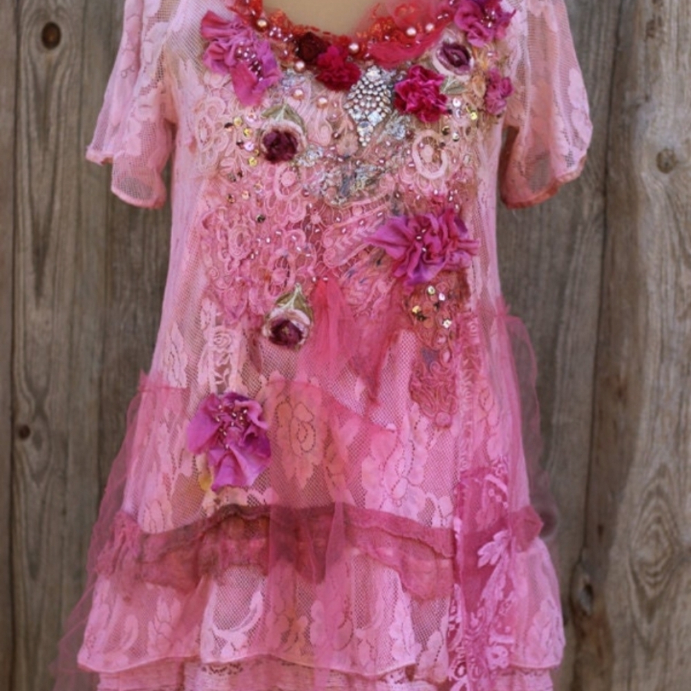 Pink Floral Lace Dress Tunic Blouse with Embellishments